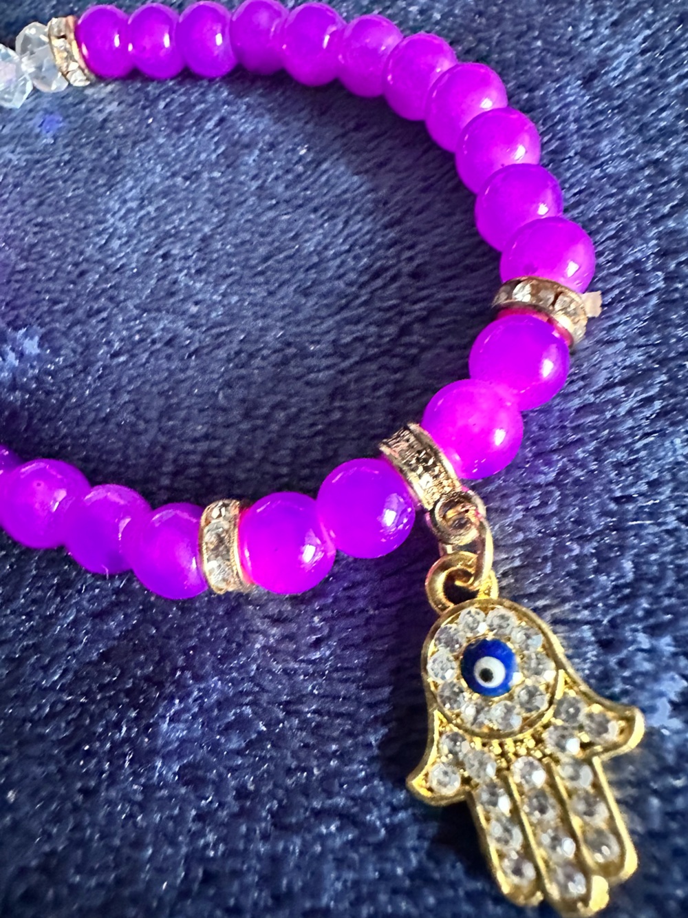 Purple Beaded Hamsa Charm Bracelet - stretchy